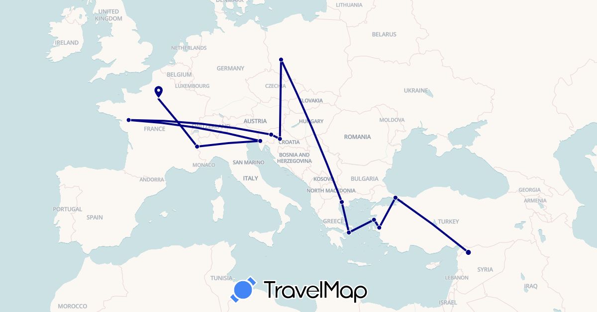 TravelMap itinerary: driving in France, Greece, Croatia, Italy, Poland, Slovenia, Syria, Turkey (Asia, Europe)
